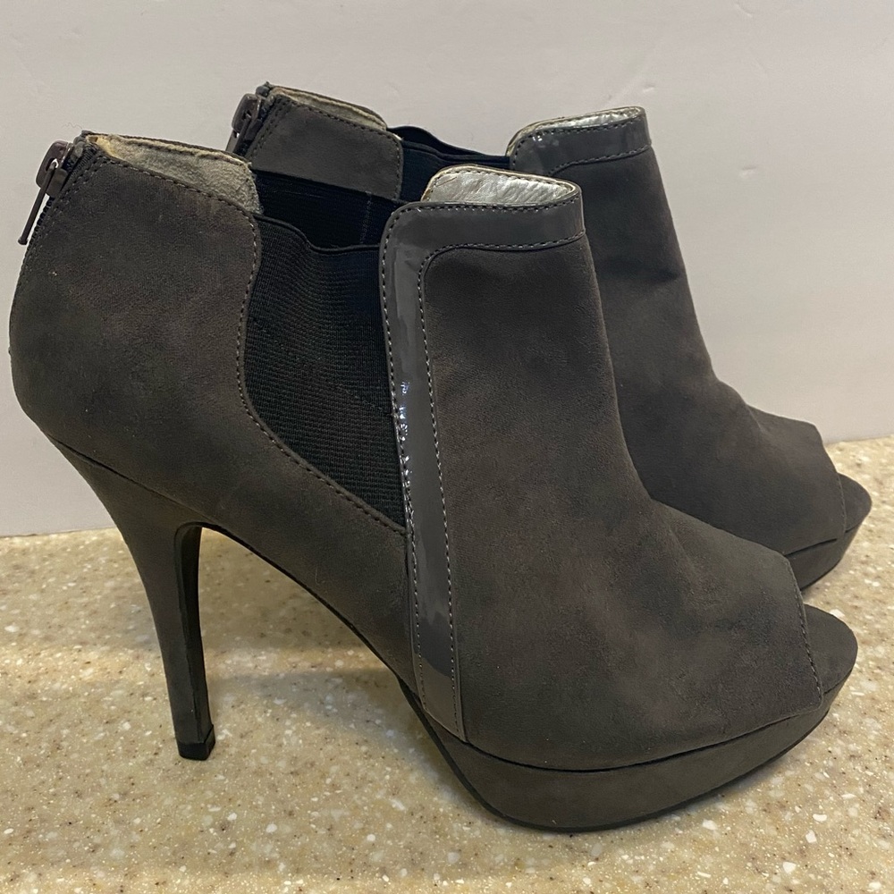 Fergie Gray Suede Peep-Toe Ankle Booties